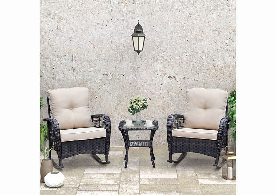 300075-BL - 3PC Wicker Rocking Conversation Set Black